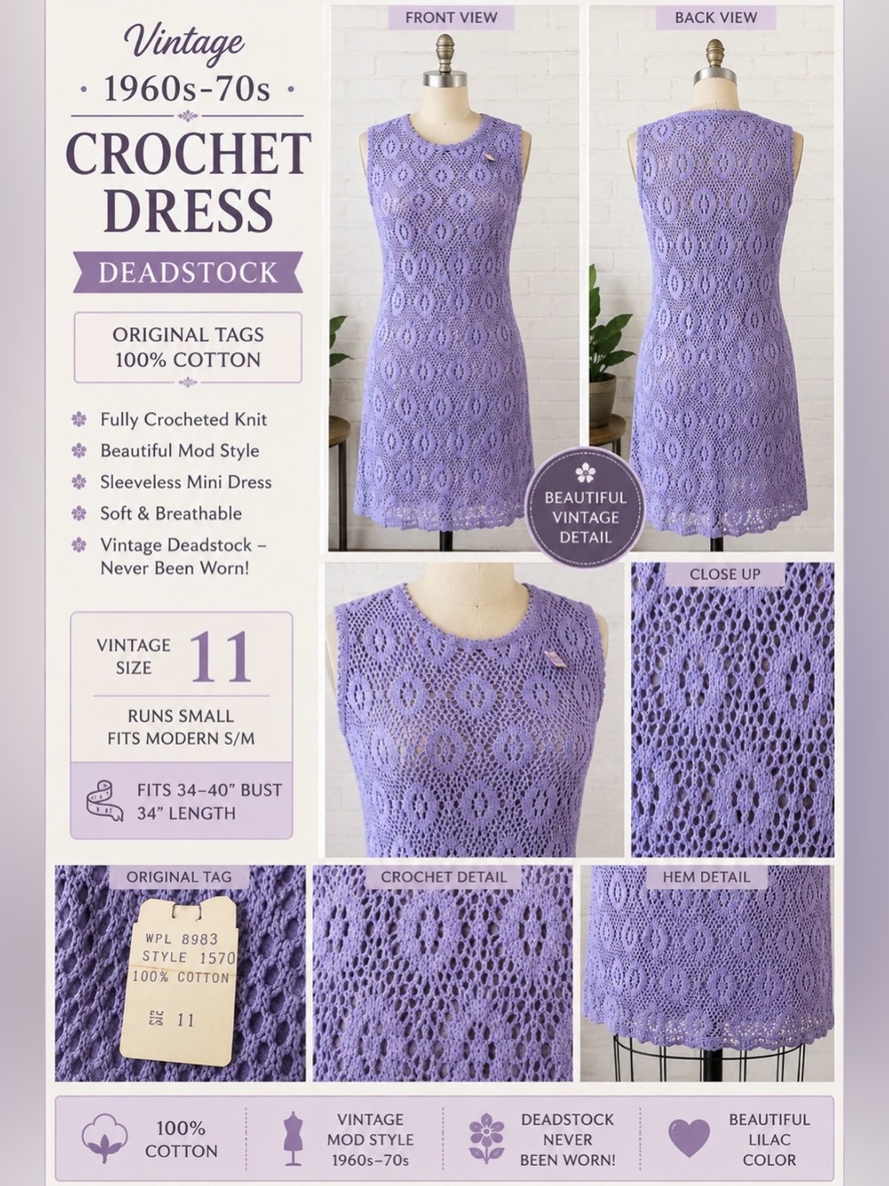 *Vintage 1960’s deadstock - purple crochet dress - original tags 100% cotton